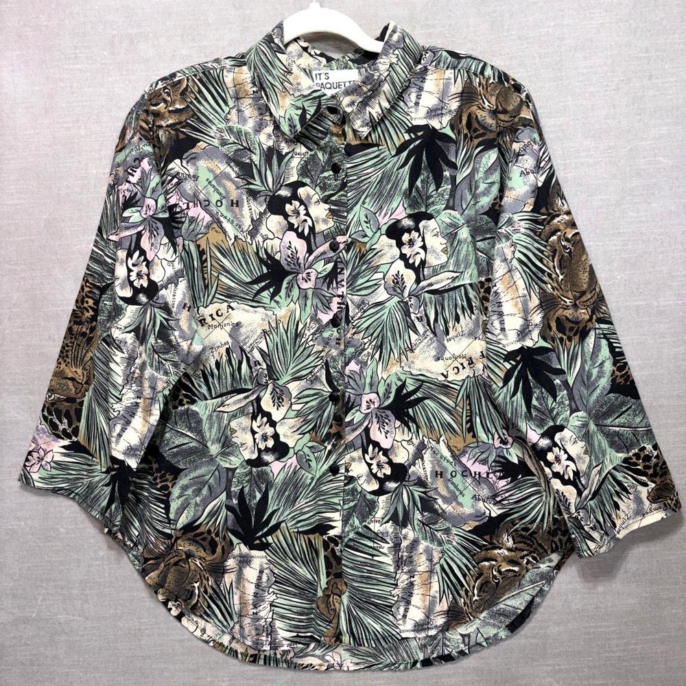 It's Paquette Shirt Womens M Cotton Safari Jungle Animal Print Vintage 90s